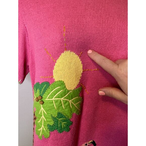 VINTAGE 80s Quacker Factory Sweater Womens Small Pink Flamingos Ramie Cotton - Picture 5 of 12